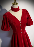 A-line Red Velvet High Neckline Wedding Party Dress, Red Velvet Long Prom Dress HZ1024
