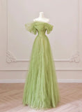 Green Off Shoulder Tulle Long Party Dress, A-Line Green Prom Dress Evening Dress HZ1024