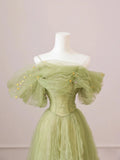 Green Off Shoulder Tulle Long Party Dress, A-Line Green Prom Dress Evening Dress HZ1024
