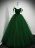 Green Sweetheart Lovely Off Shoulder Party Dress, Green Tulle Long Sweet 16 Dress HZ1024