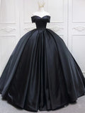 Black Satin Ball Gown Sweetheart Long Formal Dress, Black Sweet 16 Dress HZ1024