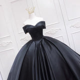 Black Satin Ball Gown Sweetheart Long Formal Dress, Black Sweet 16 Dress HZ1024