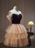 Champagne Tulle Sweetheart Short Party Dress, Champagne Homecoming Dress HZ1024
