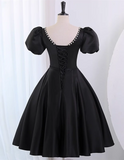 Black Satin Short Sleeves Homecoming Dress, Black Short Prom Dress HZ1024