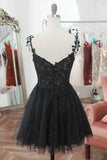 Black V Neck Beaded Tulle and Lace Prom Dress, Cute Black Homecoming Dress HZ1024