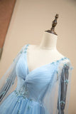 Pretty Light Blue A-line Puffy Sleeves Party Dress, Light Blue Evening Dress Prom Dress HZ1024