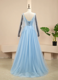Pretty Light Blue A-line Puffy Sleeves Party Dress, Light Blue Evening Dress Prom Dress HZ1024