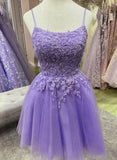 Cute Purple Straps Tulle Short Party Dress, Purple Lace Applique Homecoming Dress HZ1024