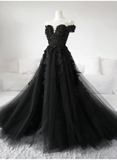 Black Off Shoulder Lace and Tulle Party Dress, Black Long Formal Dress Prom Dress HZ1024
