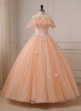 Pink Flowers Tulle Off Shoulder Party Dress, Pink Tulle Sweet 16 Dress HZ1024