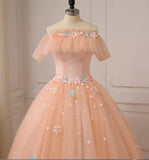Pink Flowers Tulle Off Shoulder Party Dress, Pink Tulle Sweet 16 Dress HZ1024