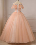 Pink Flowers Tulle Off Shoulder Party Dress, Pink Tulle Sweet 16 Dress HZ1024