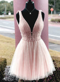 Pink Tulle Beaded Short Prom Dress, Pink Tulle Homecoming Dress Party Dress HZ1024