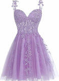 Lovely Short Tulle Sweetheart Straps Homecoming Dress, Lace Applique Short Prom Dress HZ1024