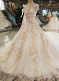 Ivory Tulle High Neckline Tulle With 3D Flower Lace Wedding Dress, Ivory Sweet 16 Dress HZ1024