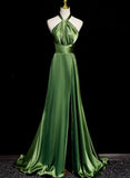 Green Halter Satin Long Wedding Party Dress, Green Evening Dress Prom Dress HZ1024
