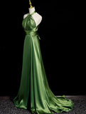 Green Halter Satin Long Wedding Party Dress, Green Evening Dress Prom Dress HZ1024