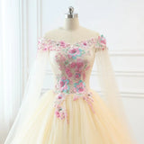 Light Champagne Off Shoulder Sweet 16 Dress, Champagne Tulle Long Formal Dress HZ1024