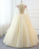 Light Champagne Off Shoulder Sweet 16 Dress, Champagne Tulle Long Formal Dress HZ1024