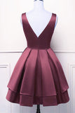 Wine Red V-neckline Satin Knee Length Homecoming Dress, Wine Red Short Prom Dress HZ1024