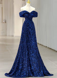Blue Sequins Sweetheart Off Shoulder Evening Dress, A-Line Blue Long Party Dress Prom Dress HZ1024