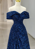 Blue Sequins Sweetheart Off Shoulder Evening Dress, A-Line Blue Long Party Dress Prom Dress HZ1024
