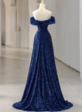Blue Sequins Sweetheart Off Shoulder Evening Dress, A-Line Blue Long Party Dress Prom Dress HZ1024