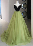 A-line Green and Black Long Beaded Party Dress, Green Long Formal Dress HZ1024