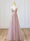 Lovely Pink V-neckline Beaded Straps Floor Length Party Dress, Pink Long Prom Dress HZ1024