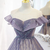 Purple Gradient A-line Beaded Tulle Long Prom Dress, Floor Length Purple Evening Dress HZ1024
