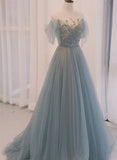 A-line Round Neckline Blue Tulle with Lace Long Party Dress, Tulle Evening Dress Prom Dress HZ1024