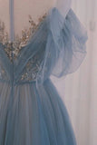A-line Round Neckline Blue Tulle with Lace Long Party Dress, Tulle Evening Dress Prom Dress HZ1024