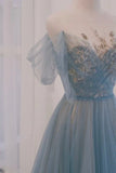 A-line Round Neckline Blue Tulle with Lace Long Party Dress, Tulle Evening Dress Prom Dress HZ1024