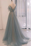 A-line Round Neckline Blue Tulle with Lace Long Party Dress, Tulle Evening Dress Prom Dress HZ1024
