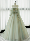Light Green Off Shoulder Tulle with Lace Long Formal Dress, Light Green A-line Prom Dress HZ1024