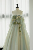 Light Green Off Shoulder Tulle with Lace Long Formal Dress, Light Green A-line Prom Dress HZ1024
