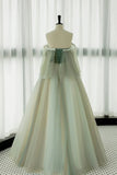 Light Green Off Shoulder Tulle with Lace Long Formal Dress, Light Green A-line Prom Dress HZ1024
