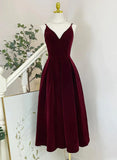 Wine Red V Neck Tea Length Party Dress, Wine Red Velvet Wedding Party Dress HZ1024