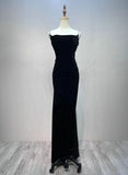 Black A-line Velvet with Lace Long Party Dress, Black Straps Prom Dress Formal Dress HZ1024