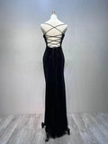 Black A-line Velvet with Lace Long Party Dress, Black Straps Prom Dress Formal Dress HZ1024
