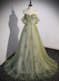 Light Green Sweetheart Beaded Tulle Party Dress, A-line Green Long Prom Dress HZ1024