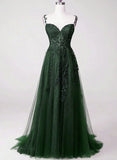 Green A-line Tulle with Lace Applique Long Party Dress, Green Floor Length Prom Dress HZ1024
