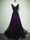 Black And Purple Tulle V-Neckline Beaded Prom Dress, Long Tulle Formal Dress Evening Dress HZ1024