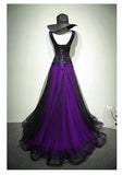 Black And Purple Tulle V-Neckline Beaded Prom Dress, Long Tulle Formal Dress Evening Dress HZ1024
