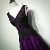 Black And Purple Tulle V-Neckline Beaded Prom Dress, Long Tulle Formal Dress Evening Dress HZ1024