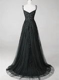 A-line Lace Straps Beaded Black Prom Dress Party Dress, Black Floor Length Formal Dress HZ1024