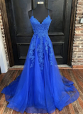 V Neck Blue Tulle A-line Long Prom Dress, V Neck Blue Evening Dress Party Dress HZ1024