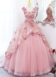Pink Tulle Long Party Dress With Flowers, Pink Tulle Sweet 16 Dress Formal Dress HZ1024