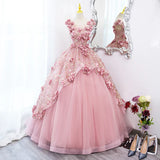 Pink Tulle Long Party Dress With Flowers, Pink Tulle Sweet 16 Dress Formal Dress HZ1024