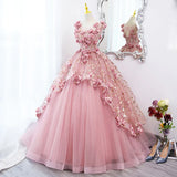 Pink Tulle Long Party Dress With Flowers, Pink Tulle Sweet 16 Dress Formal Dress HZ1024